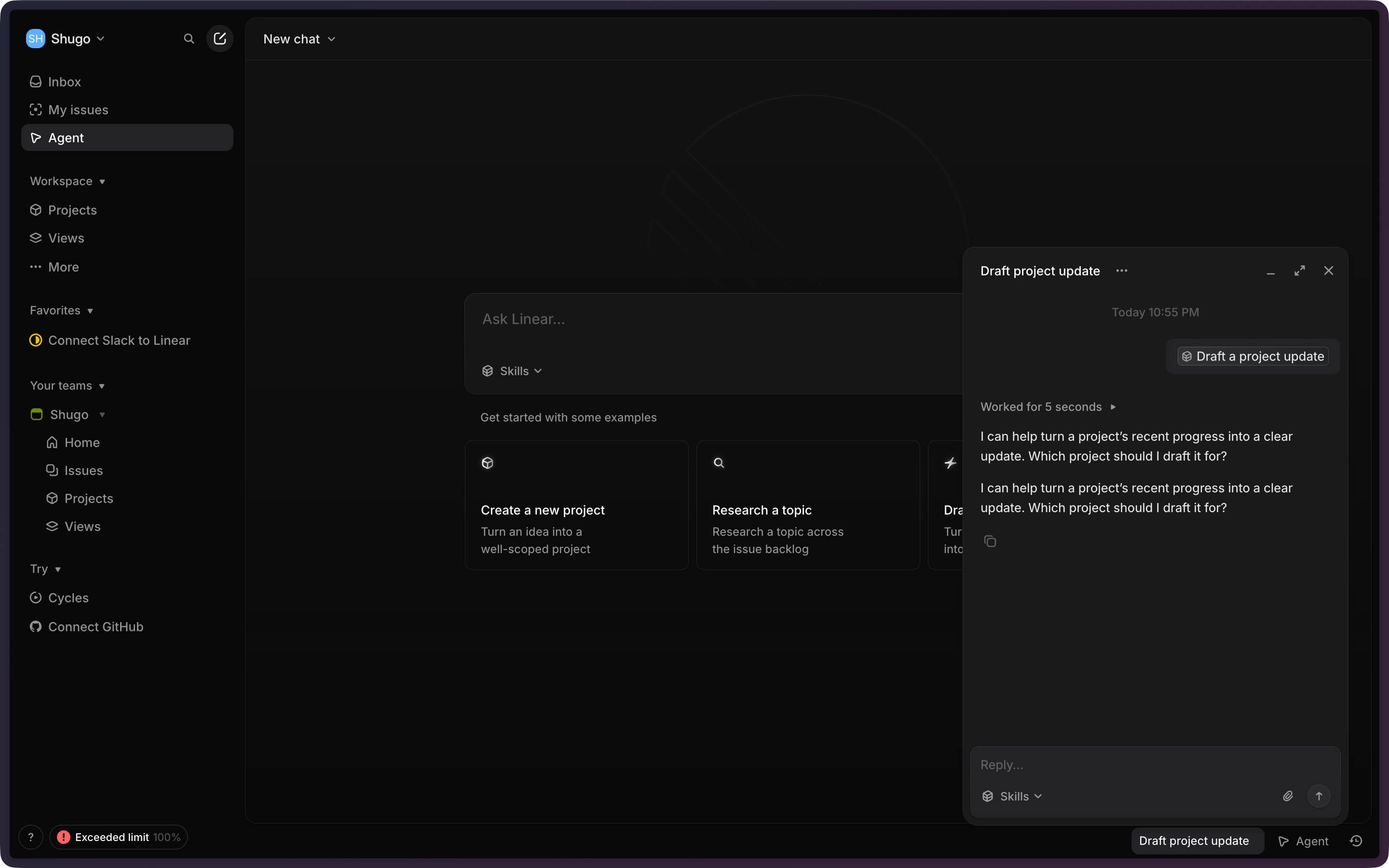 Agent chat ux draft a project template