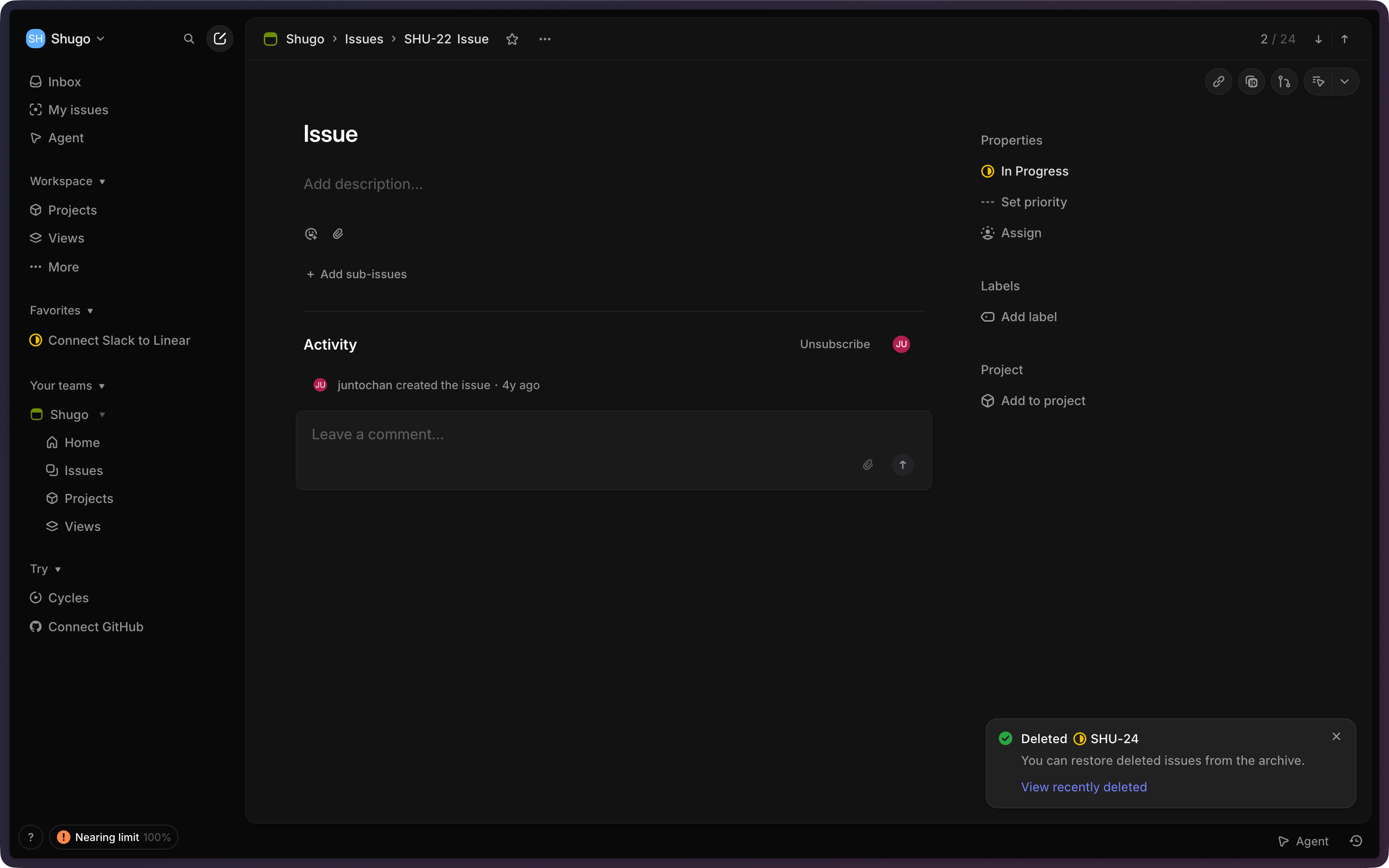 Issue deleted toast alert