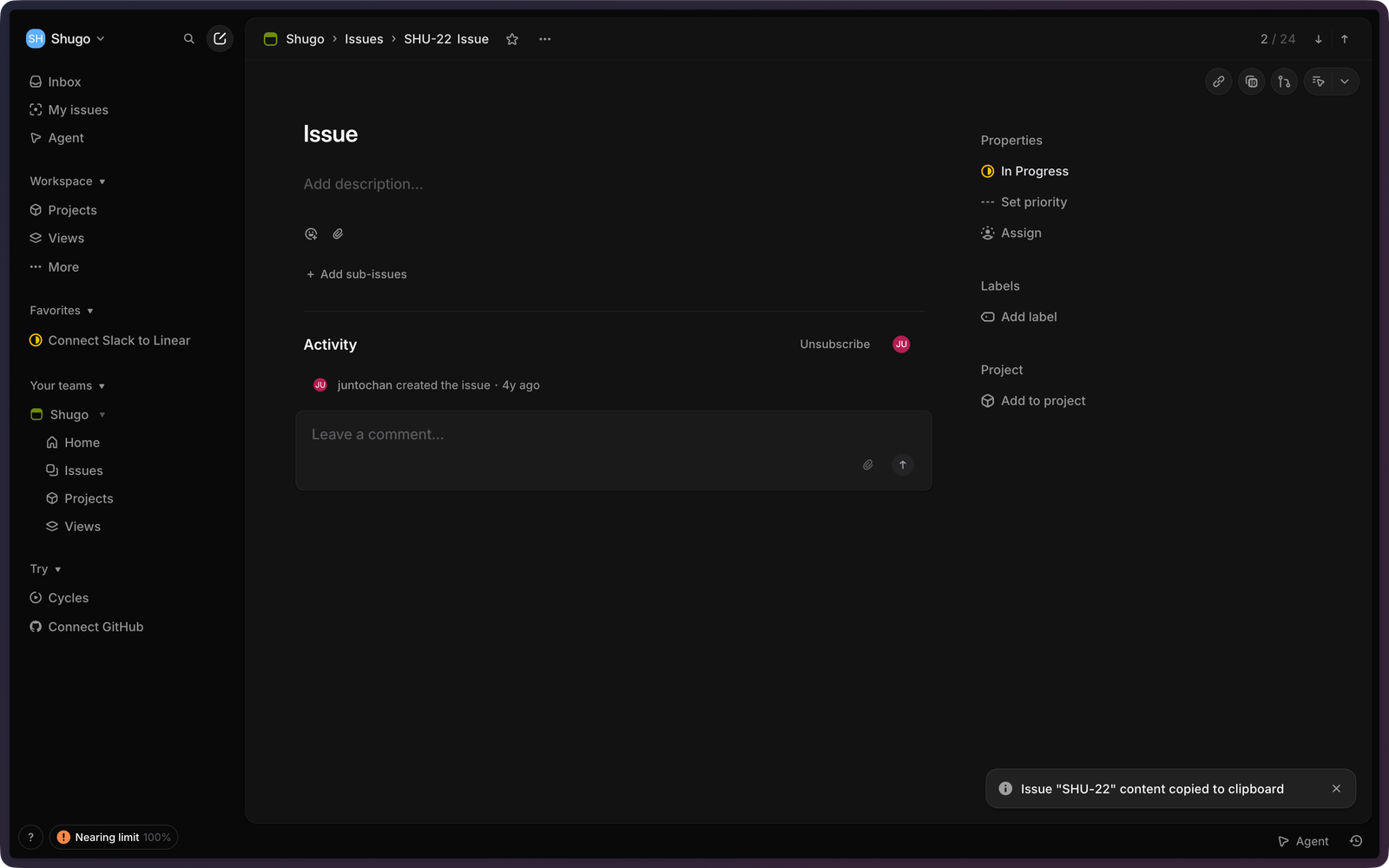 Issue copied toast alert