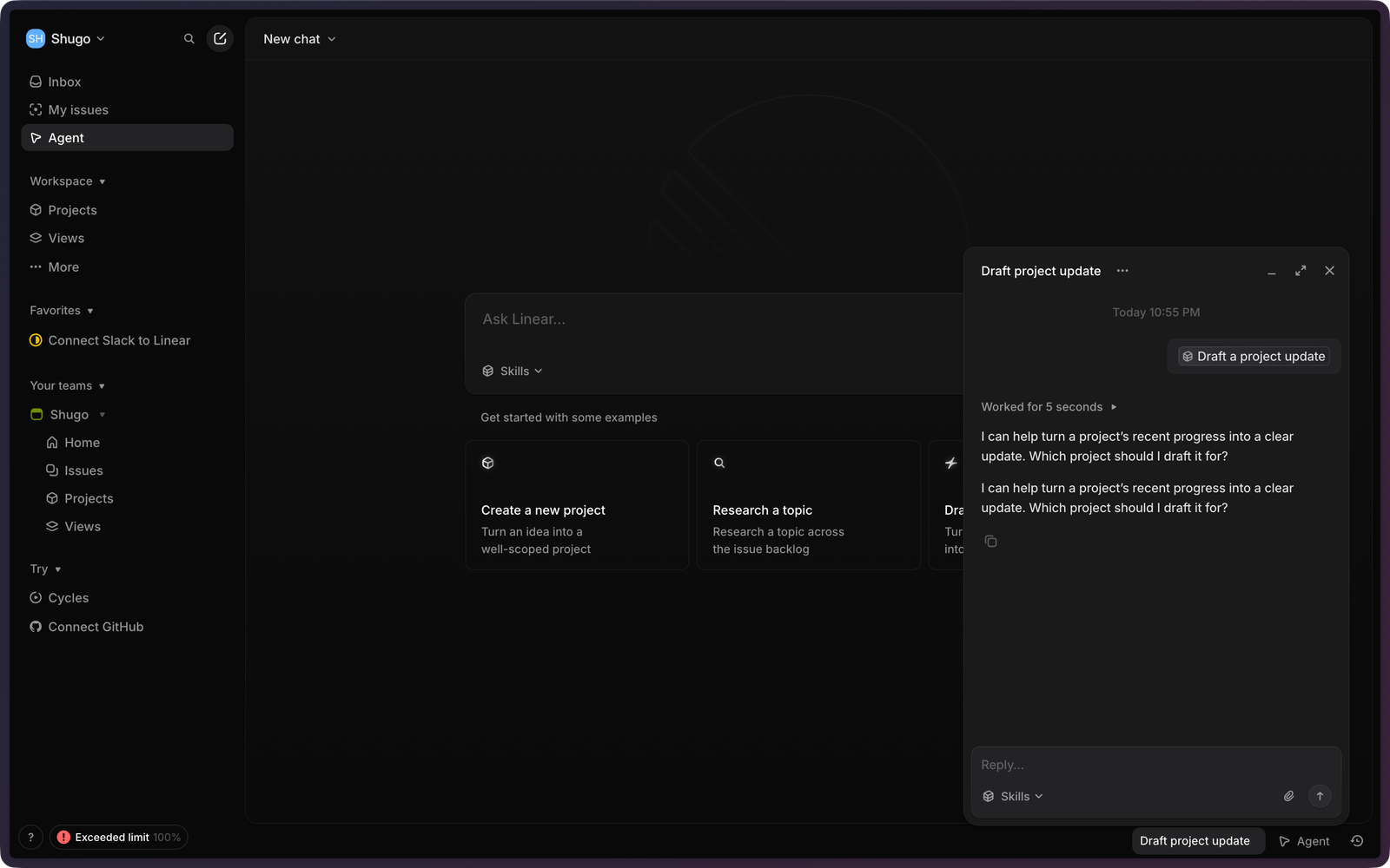 Agent chat ux draft a project template